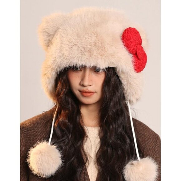 Women\'s White Cartoon Animal Cute Faux Fur Trapper Ear Sherpa Beanie Hat main image 4